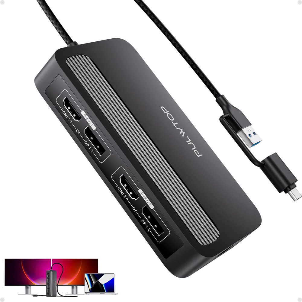 PULWTOP Dual DisplayLink Docking Station, USB C Docking Station Dual 4K@60Hz Display for MacBook M1/M2/M3/Windows, Universal Laptop DockingStation, DisplayPort or HDMI, 2 USB A 2.0, Ethernet