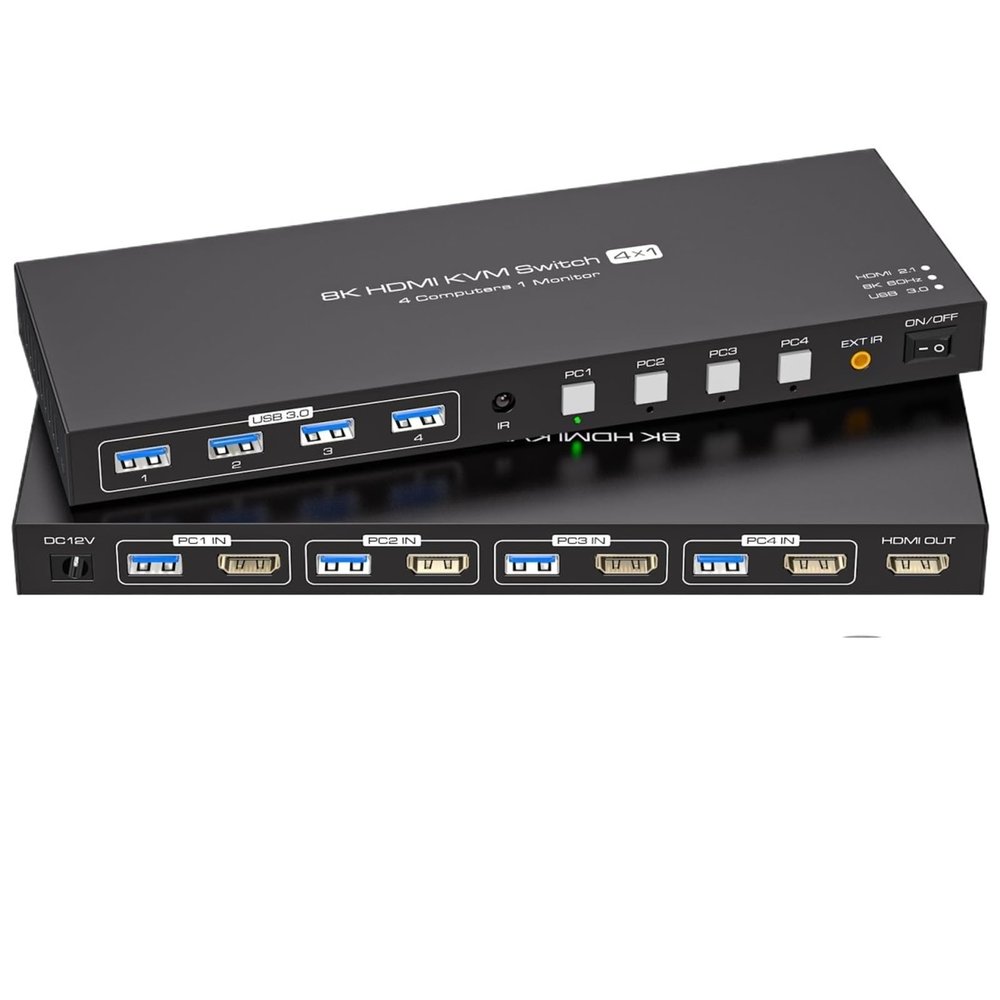 HHBL8I 8K HDMI 2.1 KVM Switch 1 Monitors 4 Computers 8k@60Hz 4K@144Hz 4x1 USB 3.0 KVM Switch for 4 PC Share Keyboard Mouse(AU Power Adapter)