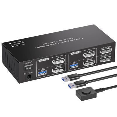 8K Dual Monitor Displayport KVM Switch 2 Monitors 2 Computers 4K 144Hz DP KVM Switcher USB3.0 Selector 2 PC Share Keyboard Mouse(EU Power Adapter)