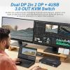 8K Dual Monitor Displayport KVM Switch 2 Monitors 2 Computers 4K 144Hz DP KVM Switcher USB3.0 Selector 2 PC Share Keyboard Mouse(EU Power Adapter) view 2