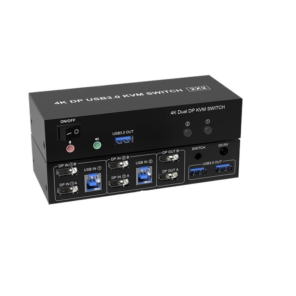 Dual Monitor KVM Switch,DisplayPorts 4K@60Hz DP 1.2 KVM Switch for 2 Computers Share 2 Monitors and 3 USB 3.0 Ports/Audio/Mic(US Plug Adapter)