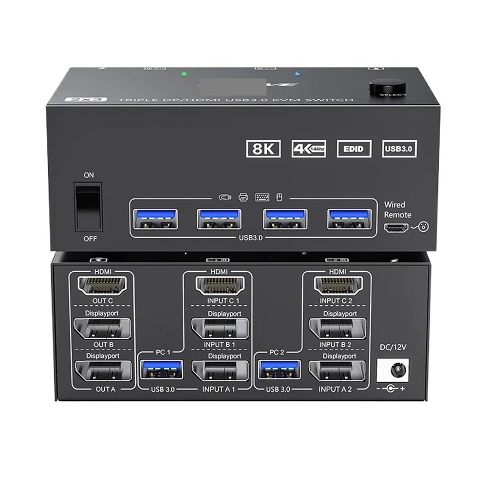 HHBL8I 8K USB 3.0 KVM Switcher,2 Input 3 Output 3 Monitors 2 Computers Switch Support 8K@30Hz 4K@144Hz USB 3.0 Displayport for 2 PC(EU Power Plug)