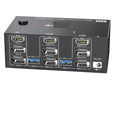 HHBL8I 2 Displayport + HDMI USB 3.0 KVM Switch 3 Monitors 2/3 Computers, 8K@60Hz 4K@144Hz Triple Monitor KVM with 4 USB 3.0 Ports(303DH)