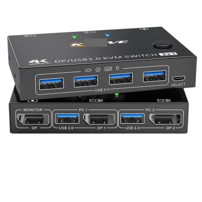 HHBL8I KVM Switch USB 3.0 DP KVM Switch 2 in 1 Out 3440x1440@144Hz,for 2 Computers Share 1 Monitor and 4 USB 3.0 Devices