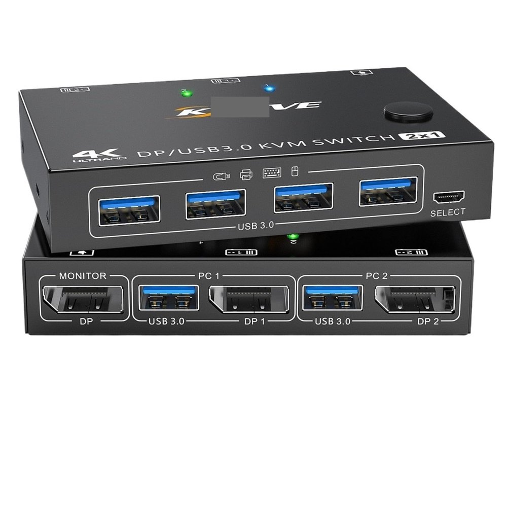 HHBL8I KVM Switch USB 3.0 DP KVM Switch 2 in 1 Out 3440x1440@144Hz,for 2 Computers Share 1 Monitor and 4 USB 3.0 Devices