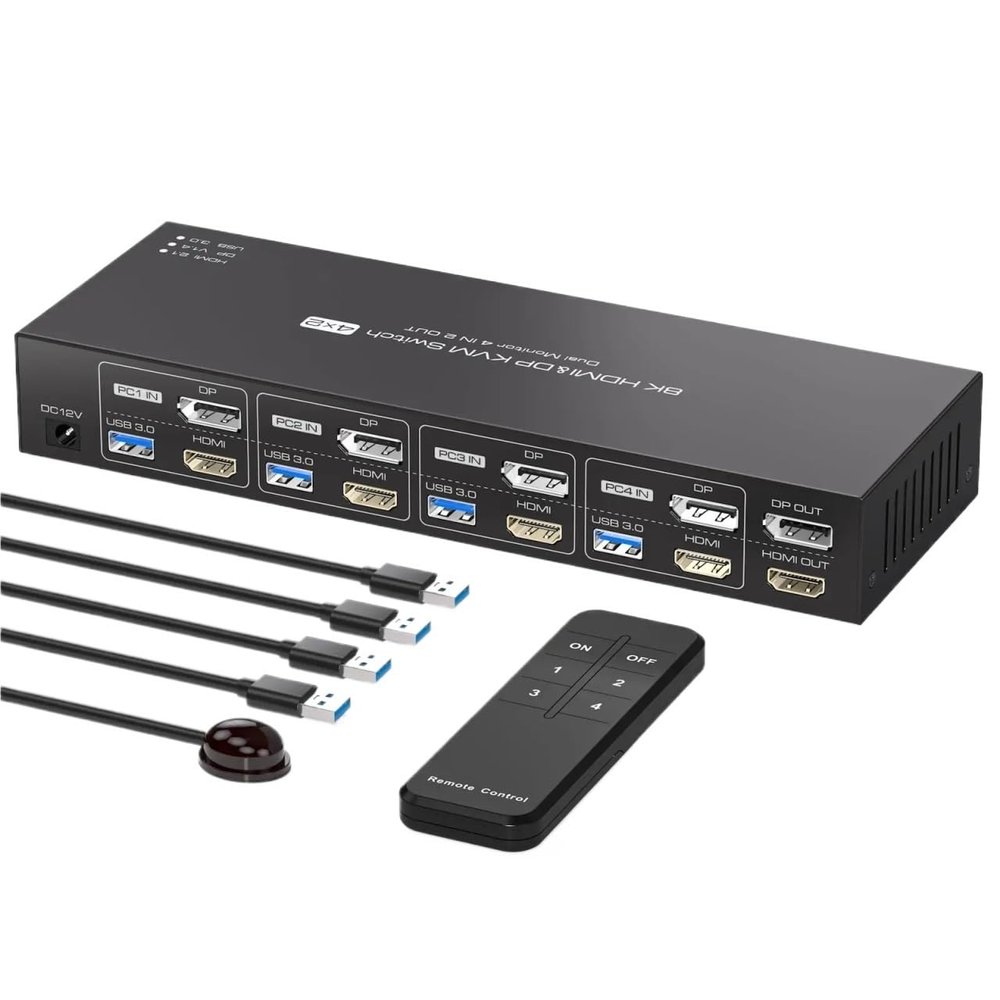 HHBL8I 8K Displayport HDMI KVM Switch 4 Computers 2 Monitors KVM Switches Dual Monitor for 4 PC Sharing 2 Monitor and 4 USB3.0 Devices(US Power Plug)
