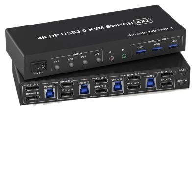 HHBL8I USB 3.0 KVM Switch Displayport 2 Monitors 4 Computers,4K Dual Monitor KVM Switch with Audio Microphone Output and 3 USB 3.0 Port(EU Power Adapter)