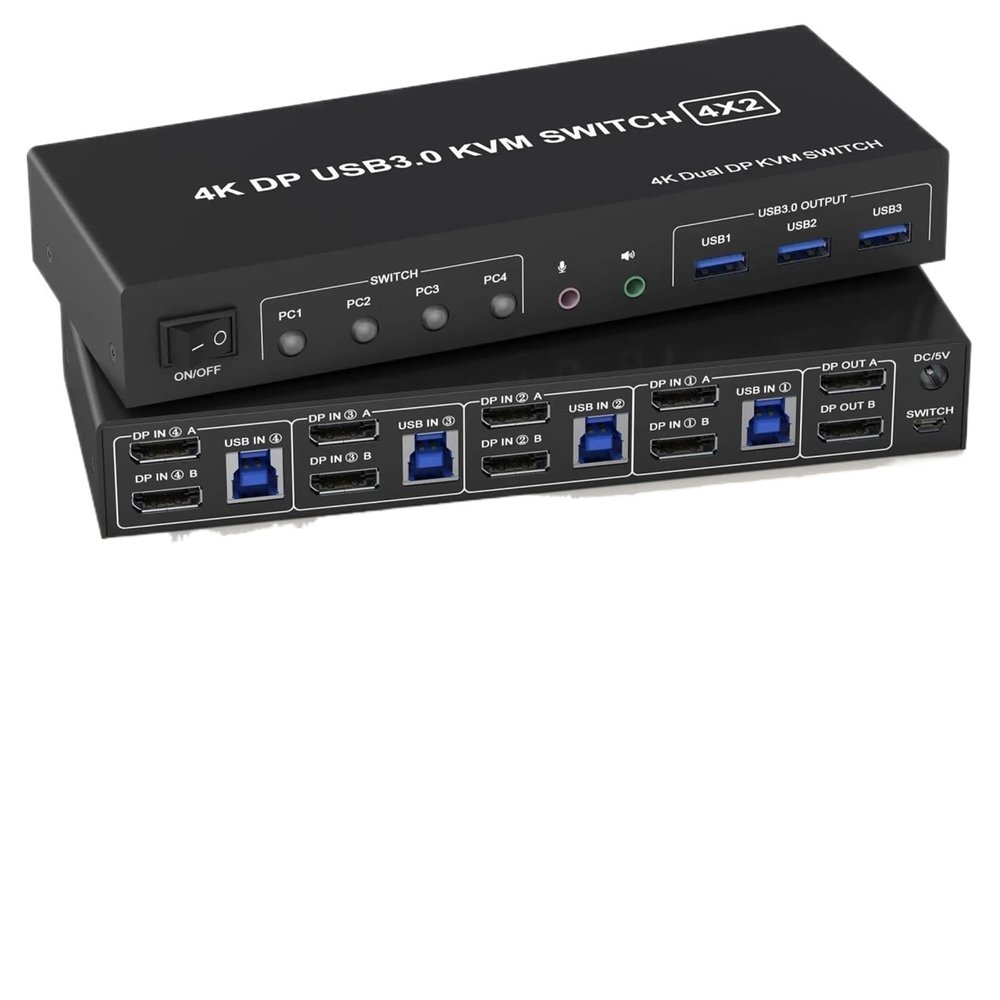 HHBL8I USB 3.0 KVM Switch Displayport 2 Monitors 4 Computers,4K Dual Monitor KVM Switch with Audio Microphone Output and 3 USB 3.0 Port(EU Power Adapter)