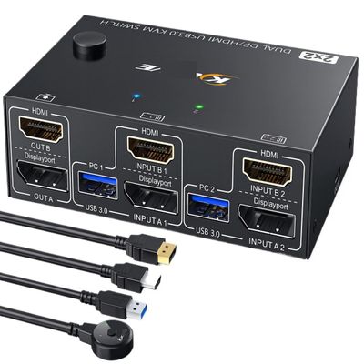 USB 3.0 Dual Monitor KVM Switch HDMI+Displayport 4K@60Hz,2K@120Hz KVM Switch for 2 Computer Share 2 Display and 4 USB3.0 Devices