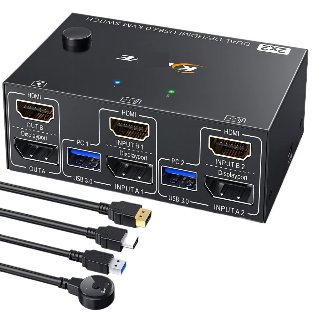 USB 3.0 Dual Monitor KVM Switch HDMI+Displayport 4K@60Hz,2K@120Hz KVM Switch for 2 Computer Share 2 Display and 4 USB3.0 Devices