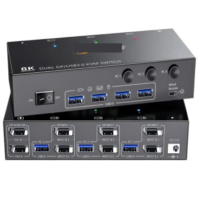 HHBL8I 8K Displayport KVM Switch 2 Monitors 3 Computers 8K@60Hz 4K@144Hz,Dual Monitor KVM Switch Displayport with 4 USB 3.0 Ports(with US Plug)