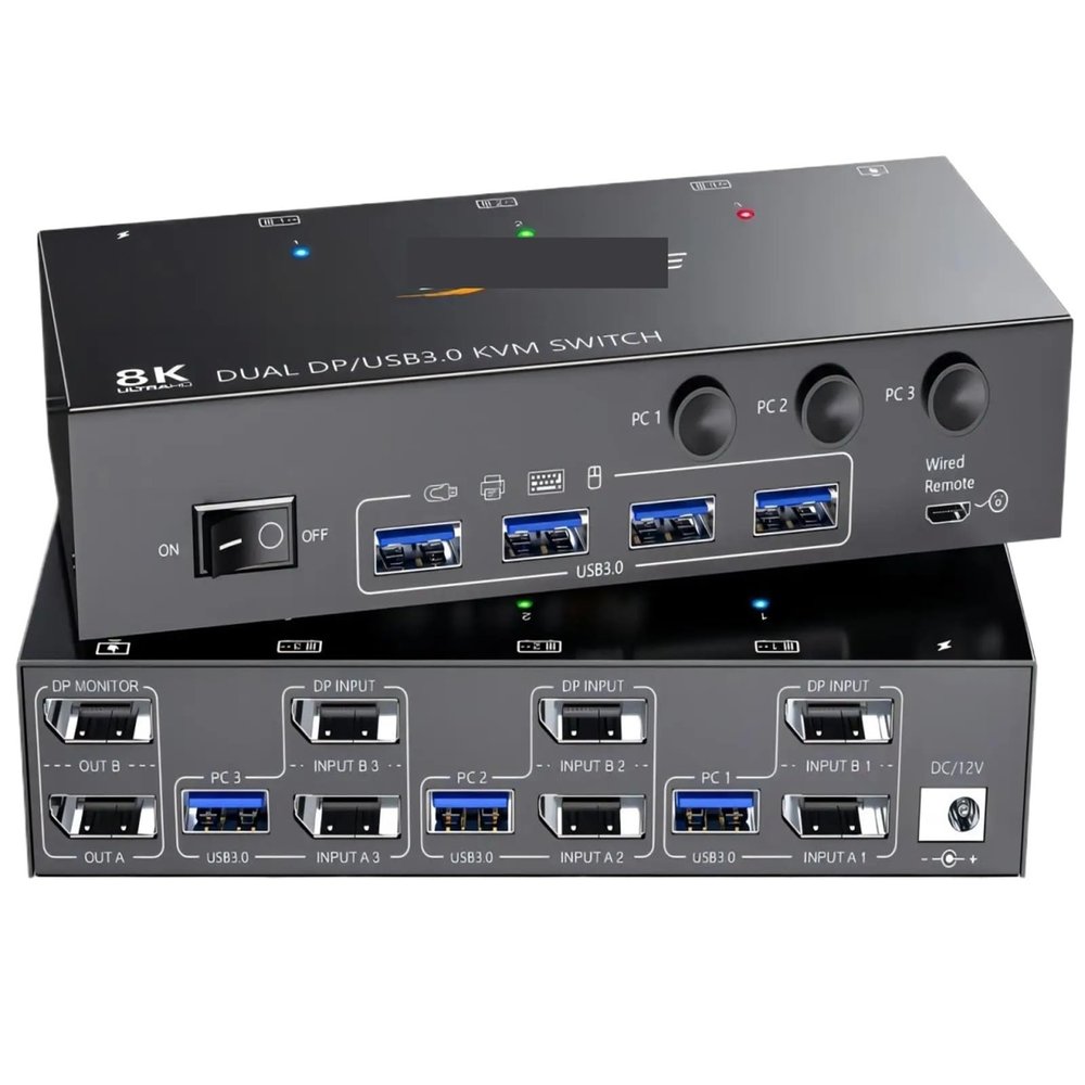 HHBL8I 8K Displayport KVM Switch 2 Monitors 3 Computers 8K@60Hz 4K@144Hz,Dual Monitor KVM Switch Displayport with 4 USB 3.0 Ports(with US Plug)