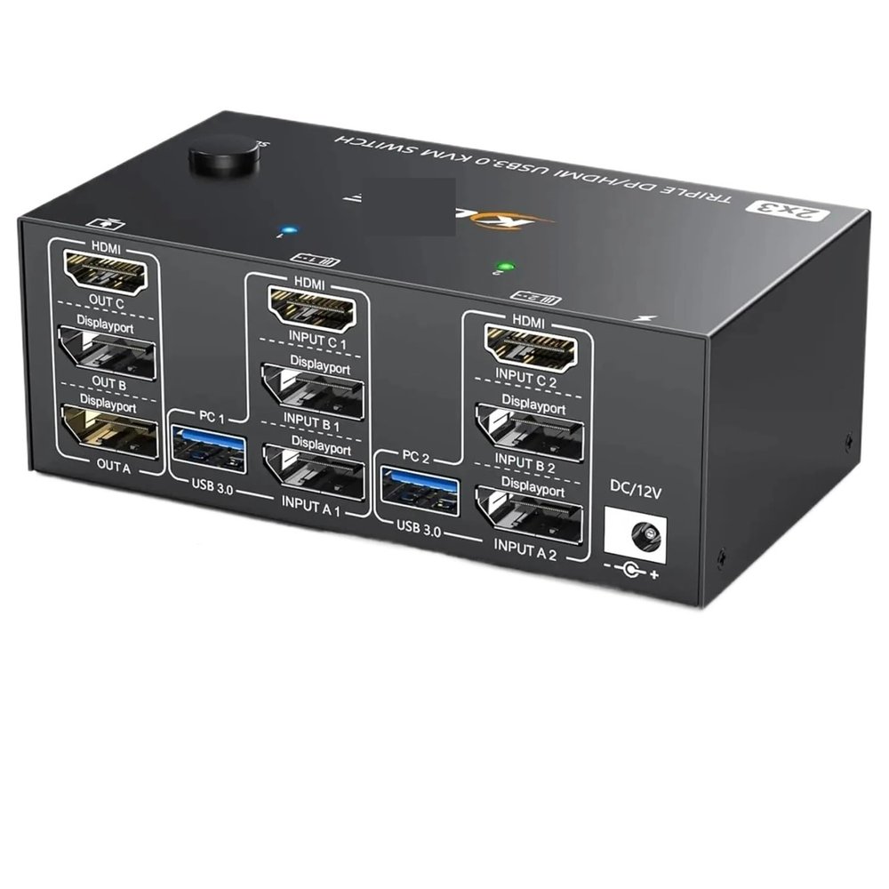 HHBL8I KVM Switch 3 Monitors 2 Computers,Triple Monitors KVM Switch DisplayPort HDMI 3 Ports 8K@60Hz 4K@144Hz Extended Display(203DH EU Plug)