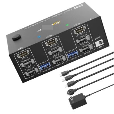 8K HDMI KVM Switch 3 Monitors 2 Computers, Triple Monitors KVM Switch(EU Power Plug)