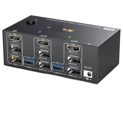 HHBL8I KVM Switch 3 Monitors 2 Computers,Triple Monitors KVM Switch DisplayPort HDMI 3 Ports 8K@60Hz 4K@144Hz Extended Display(203DH US Plug)