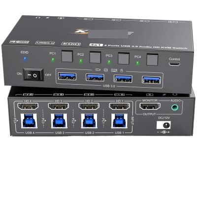 YXX7XY KVM Switch 4 Computers 8K@60Hz 4K@144Hz Simulation USB3.0 Switcher for 4 Computers Share 1 Monitor and Share Keyboard Mou(EU Plug)