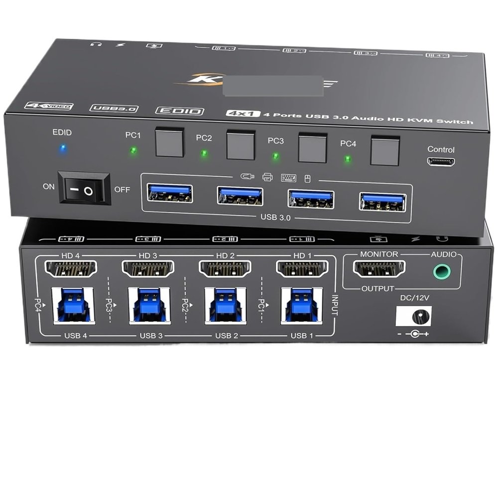 YXX7XY KVM Switch 4 Computers 8K@60Hz 4K@144Hz Simulation USB3.0 Switcher for 4 Computers Share 1 Monitor and Share Keyboard Mou(EU Plug)