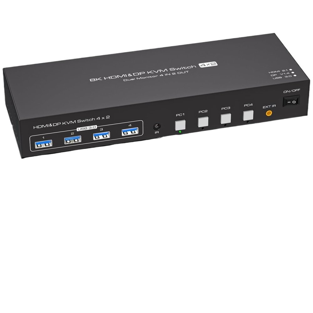 KVM Switch 2 Monitors 4 Computers 4K 120Hz Dual Displayport USB 3.0 Switcher for 4 PC Share Keyboard Mouse(US Power Adapter)