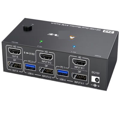 HHBL8I 4K@144Hz KVM Switch 2 Monitors 2 Computers 8K@60Hz,HDMI +Displayport Dual Monitor with 4 USB 3.0 Port for Keyboard Mouse Printer(US Power Adapter)