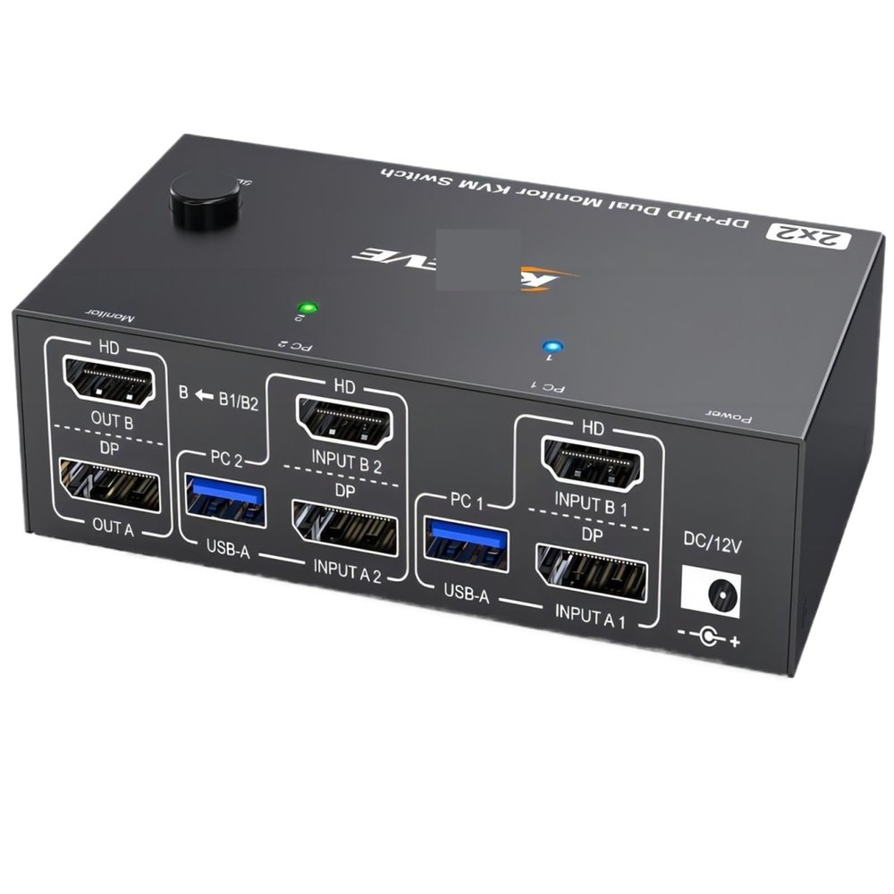 HHBL8I 4K@144Hz KVM Switch 2 Monitors 2 Computers 8K@60Hz,HDMI +Displayport Dual Monitor with 4 USB 3.0 Port for Keyboard Mouse Printer(US Power Adapter)