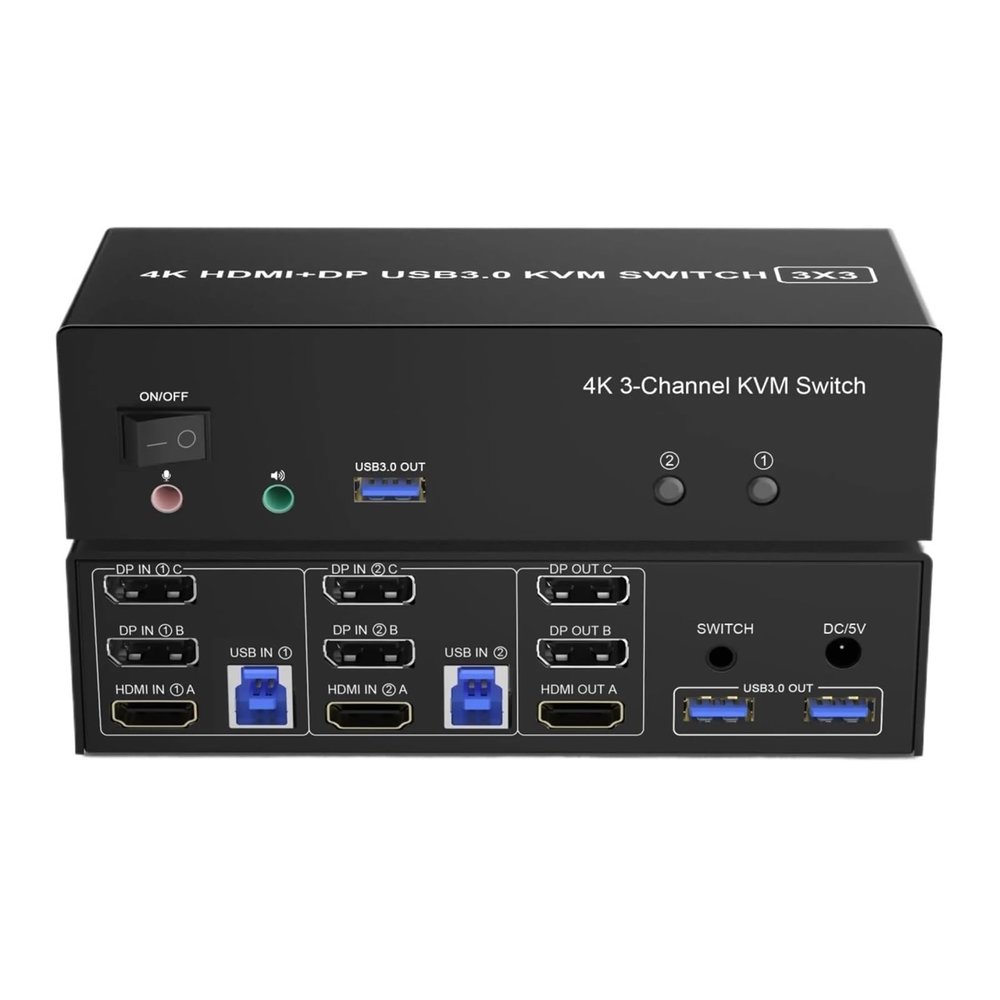 HHBL8I Monitor KVM Switch USB 3.0 for 2 Computers, 4K@60Hz Triple Monitor KVM Switch with Audio/ 3 USB 3.0 Ports(EU Power Adapter)