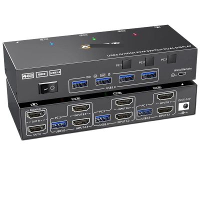 YXX7XY Dual Monitor KVM Switch USB 3.0 HDMI 2 Monitors 3 Computers 4K@60Hz 2K@144Hz EDID Emulator Dual Monitor with 4 USB 3.0 Ports Wir(with US Plug)