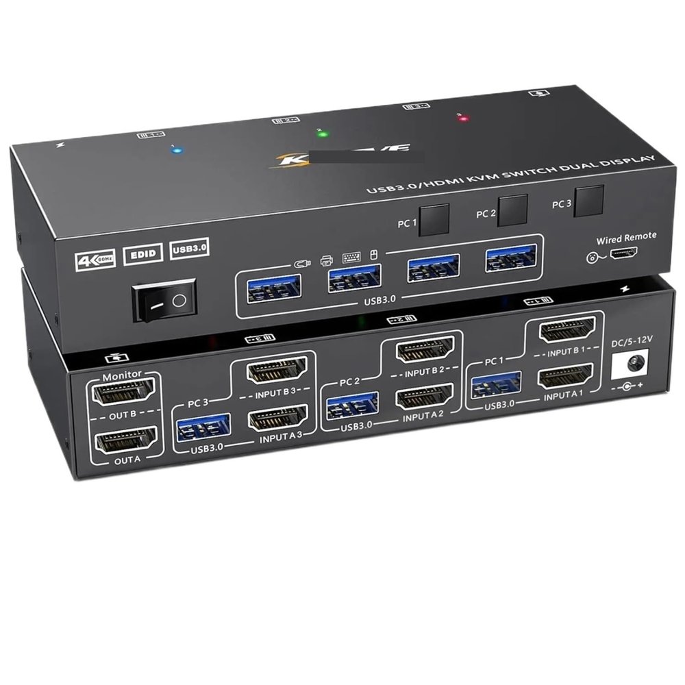 YXX7XY Dual Monitor KVM Switch USB 3.0 HDMI 2 Monitors 3 Computers 4K@60Hz 2K@144Hz EDID Emulator Dual Monitor with 4 USB 3.0 Ports Wir(with US Plug)