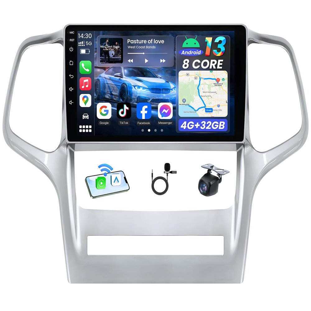 [8Core 4+32G] Car Radio for Jeep Grand Cherokee 2011 2012 2013 : 9" HD 1280x800 Touchscreen Stereo Replacement Wireless Carplay Android Auto WiFi GPS Bluetooth FM SWC Mirror Link 1080P Backup Camera