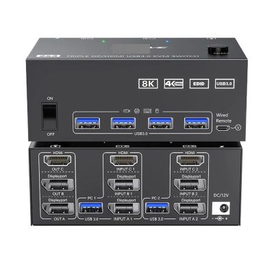 HHBL8I 8K USB 3.0 KVM Switcher,2 Input 3 Output 3 Monitors 2 Computers Switch Support 8K@30Hz 4K@144Hz USB 3.0 Displayport for 2 PC(AU Power Plug)