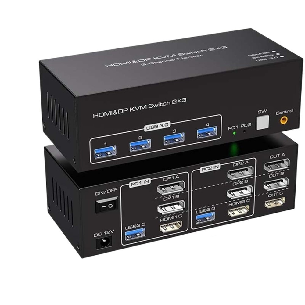 YXX7XY KVM Switch Triple Monitors 2 Port and HDMI 4K120HZ 8K60HZ KVM Switcher for 2 Computer 3 Monitor with 4 Ports USB 3.0(8K HDMI DP 2X2)