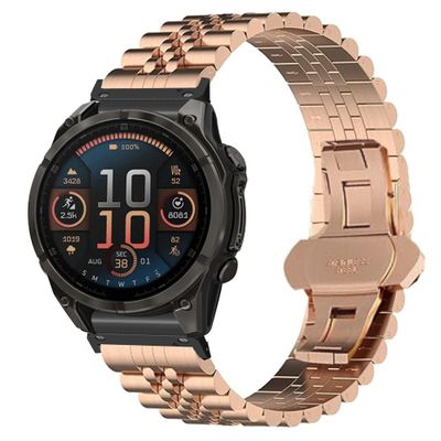 Compatible with Garmin Fenix 8 51mm Bands, 20mm, 22mm, 26mm QuickFit Solid Stainless Steel Metal Band with Butterfly Folding Clasp Link Bracelet Compatible with Enduro, Fenix, Tactix, Descent, Instinct, epix, Approach, Forerunner Series Watch (Rose G