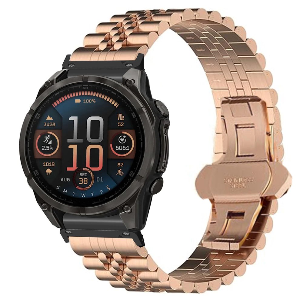 Compatible with Garmin Fenix 8 51mm Bands, 20mm, 22mm, 26mm QuickFit Solid Stainless Steel Metal Band with Butterfly Folding Clasp Link Bracelet Compatible with Enduro, Fenix, Tactix, Descent, Instinct, epix, Approach, Forerunner Series Watch (Rose G