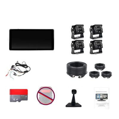 10.36 Inch Screen Car/RV/Bus/Truck AHD Monitor System 1080P Vehicle 4 Channel Camera Night Vision Reversing Parking Recorder(Monitor add 4 Camera,64G)