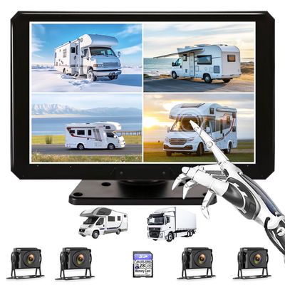 10,36-Inch 4-Channel 128GB Large Audio Screen 1080P Backup Camera Monitor & Built-in DVR Video Recorder for RV Truck Trailer Rear Side Front Reversing View Wired System Image Waterproof