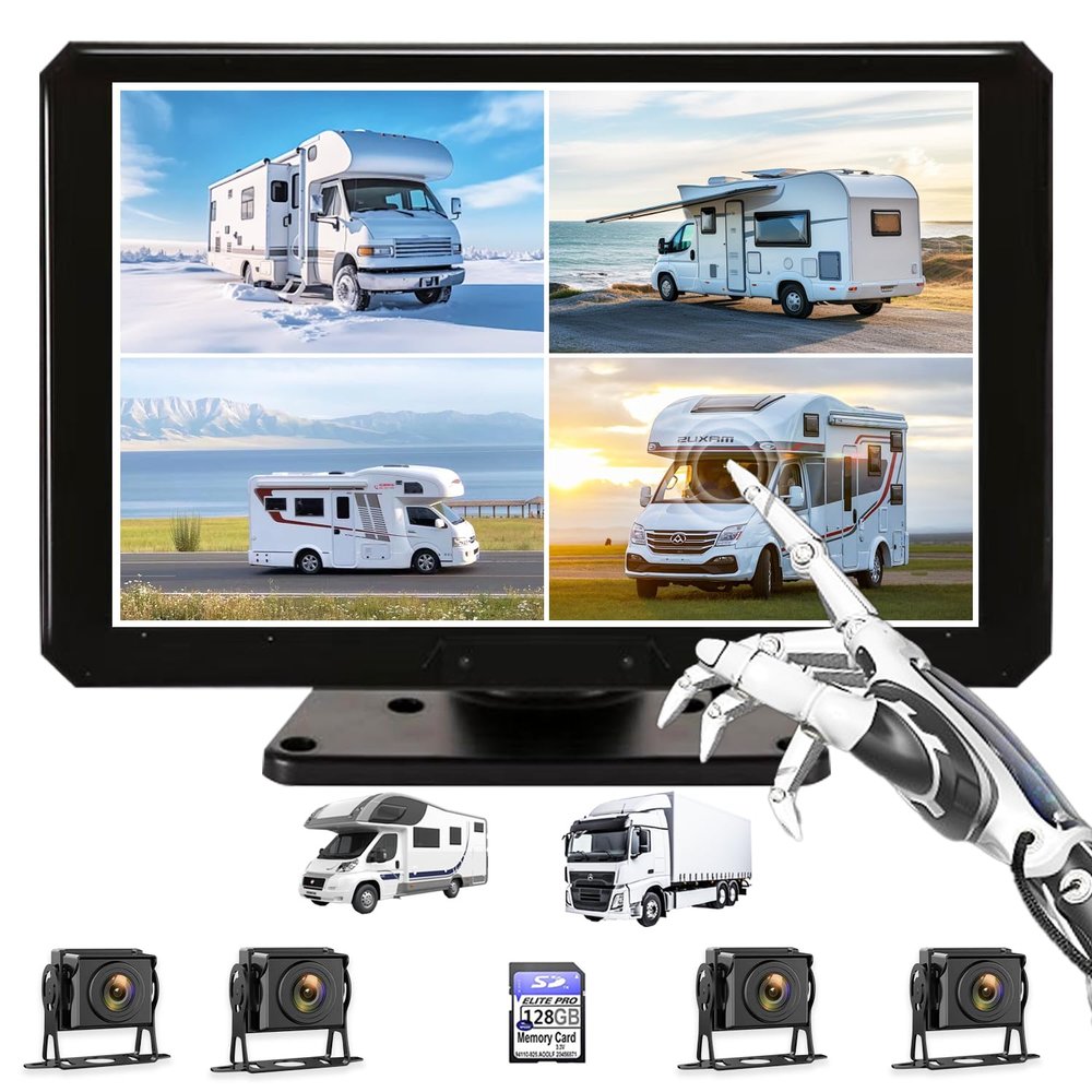 10,36-Inch 4-Channel 128GB Large Audio Screen 1080P Backup Camera Monitor & Built-in DVR Video Recorder for RV Truck Trailer Rear Side Front Reversing View Wired System Image Waterproof