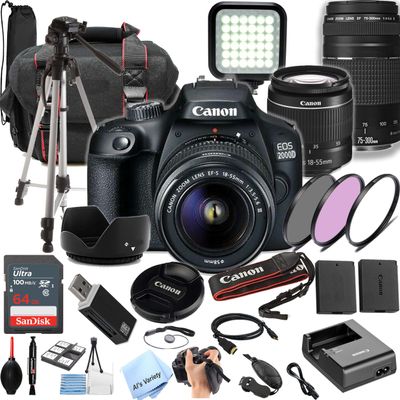 Canon EOS 2000D / Rebel T7 DSLR Camera|2 Lens Kit with EF18-55mm + EF 75-300mm Lens + 64GB Memory, LED Video Light, Case, Tripod, Filters, Grip & More(32pc Bundle) (Renewed)
