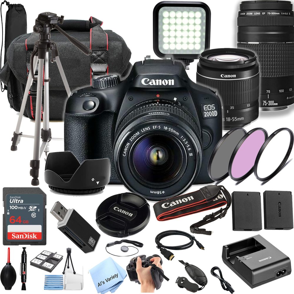 Canon EOS 2000D / Rebel T7 DSLR Camera|2 Lens Kit with EF18-55mm + EF 75-300mm Lens + 64GB Memory, LED Video Light, Case, Tripod, Filters, Grip & More(32pc Bundle) (Renewed)