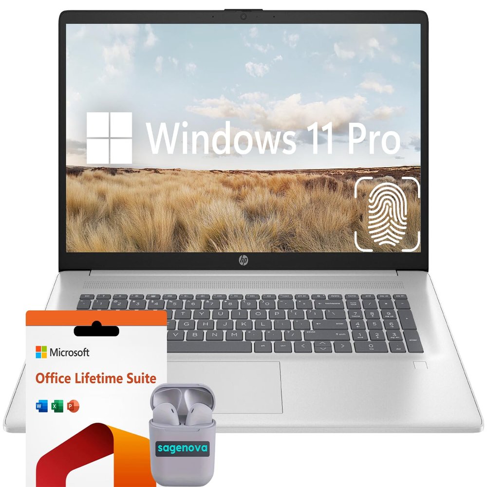 HP Business Laptop Computer, 17.3" FHD IPS LED Laptop 32GB RAM 2TB SSD, Intel Core i3-N305, Windows 11 Pro Laptop with Microsoft Office Lifetime Suite, Fingerprint Reader, SageNova Earphones, Silver