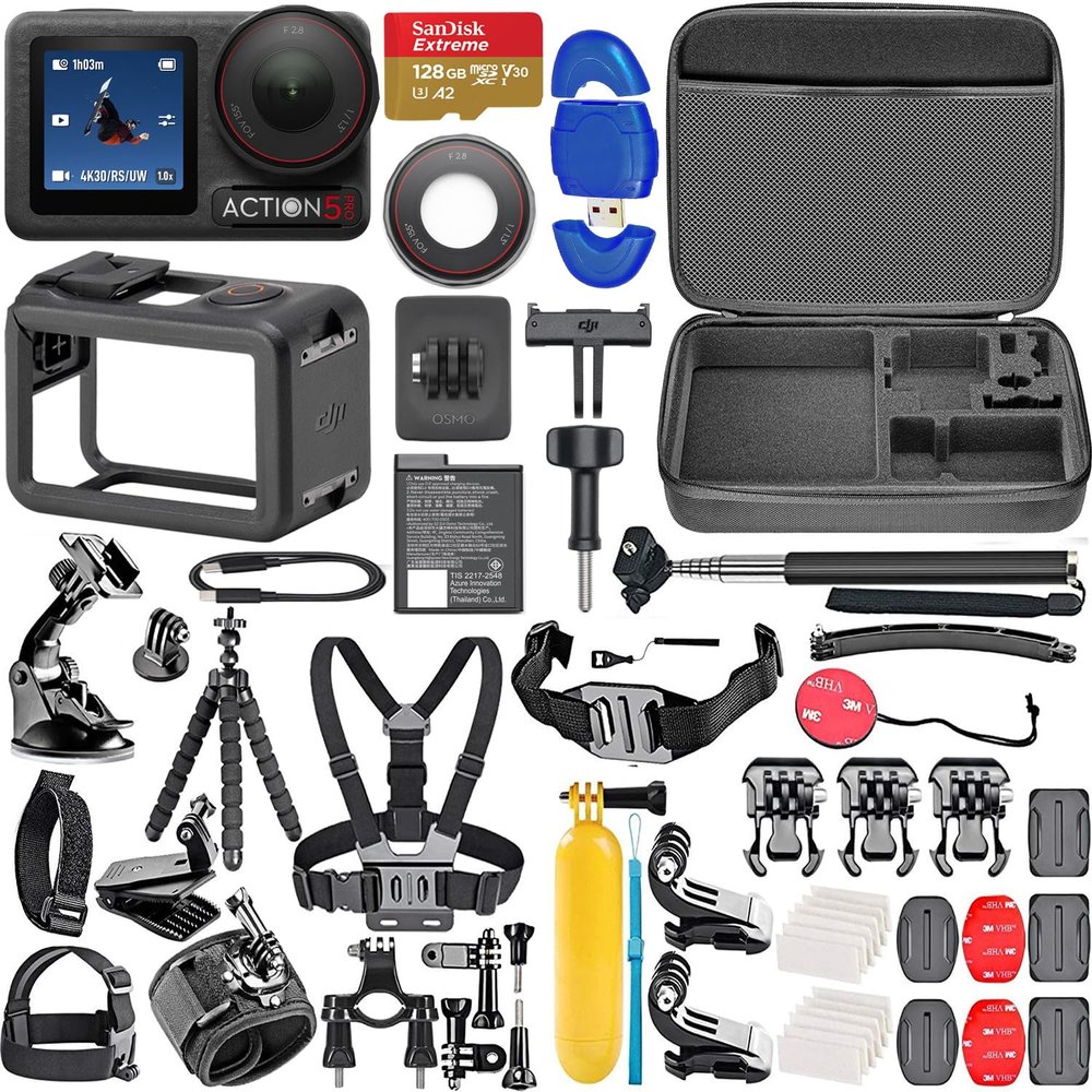 DJI Osmo Action 5 Pro Standard Combo, Waterproof Action Camera with 4K/120fps Video, 40MP, Stabilization, + 128GB Memory Card, High Speed Card Reader + 50 Piece Accessory Kit