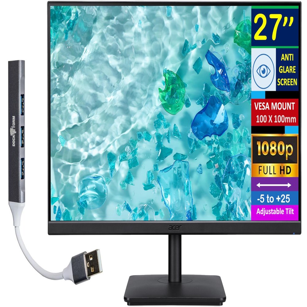 acer Vero V7 V277 Gbmipx 27" FHD IPS Monitor with 4ms Response Time, Anti Glare, VESA Mount (100mm), VGA, HDMI, & Dockztorm Hub, Black Color (UM.HV7AA.G07)