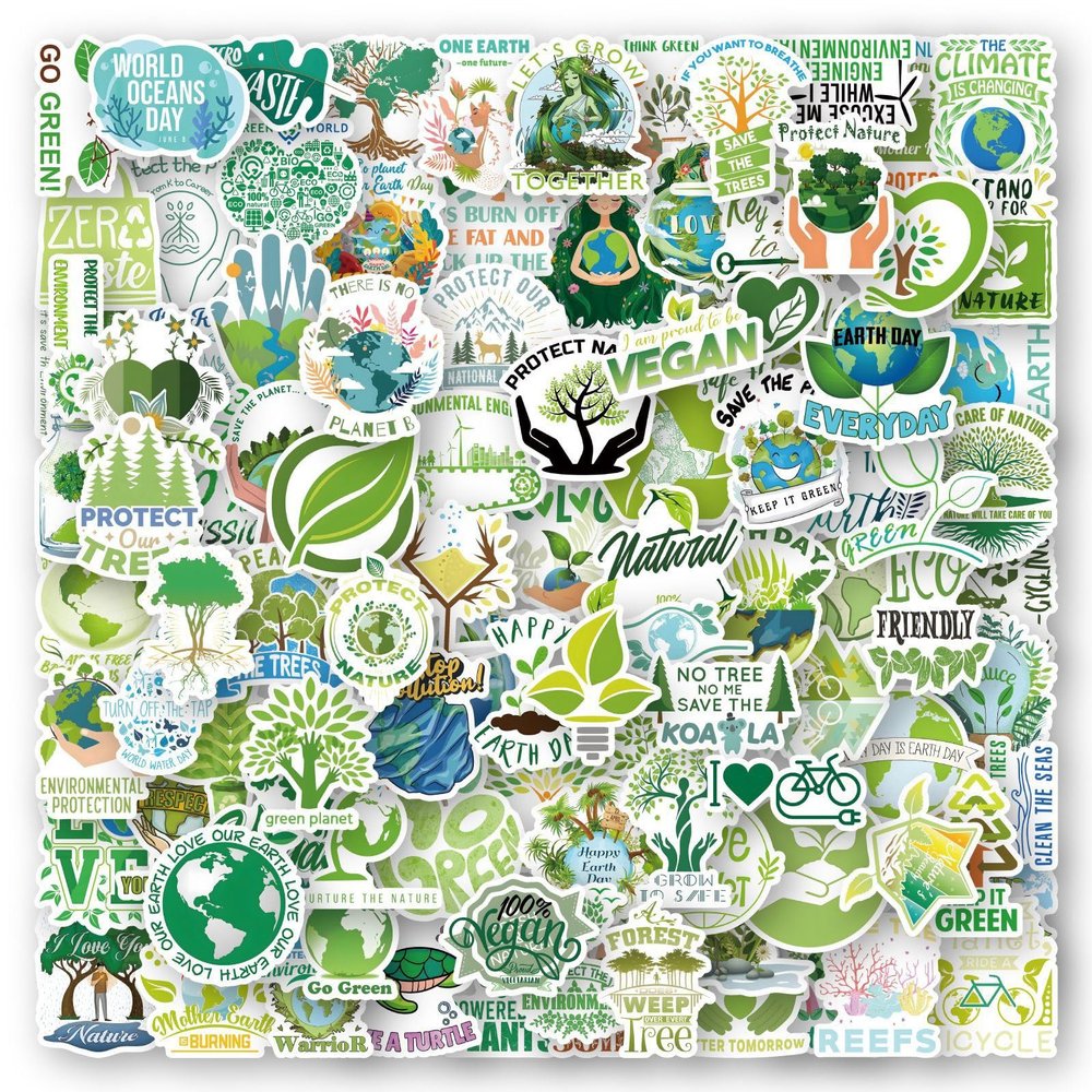 100Pcs Environmental Protection Stickers, Cute Earth Day Stickers for Laptop Water Bottle Phone Luggage Scrapbook Journal, Cartoon Save The Earth Vinyl Stickers Set for Kids Teens (Protect Nature)