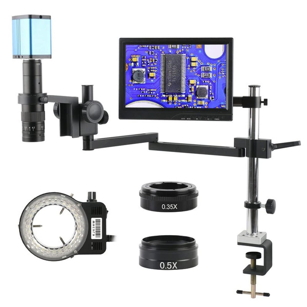 Lab Microscope Accessories 1080P Auto Focus I_MX307 Measure Video Microscope Camera 120X 180X 200XC Mount Lens Microscope Stand Set for PCB Soldering(B,180X)