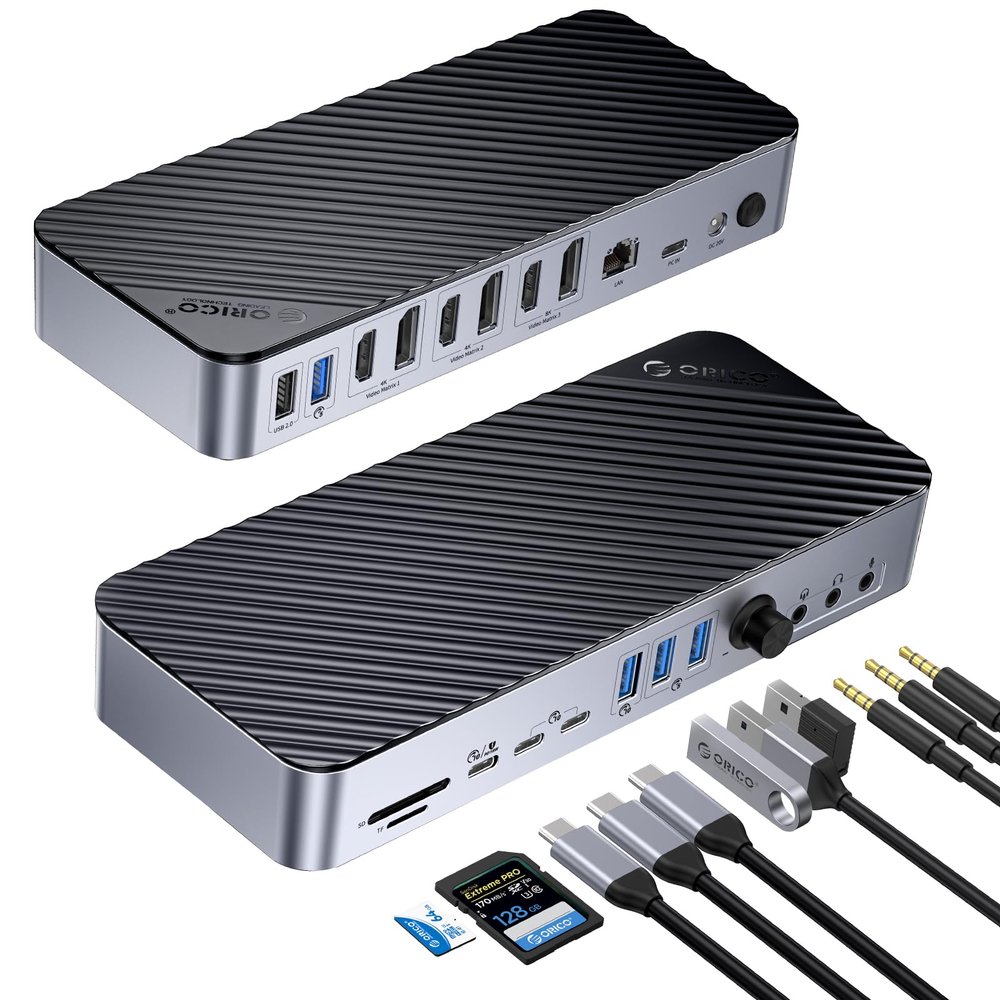 ORICO 22-in-1 DisplayLink Docking Station, Quad Displays USB C Hub with 3 DP, 3 HDMI, Single 8K Output, 60W PD, USB A/C 3.2, USB-A 3.0, RJ45, SD/TF, 3 Types AUX
