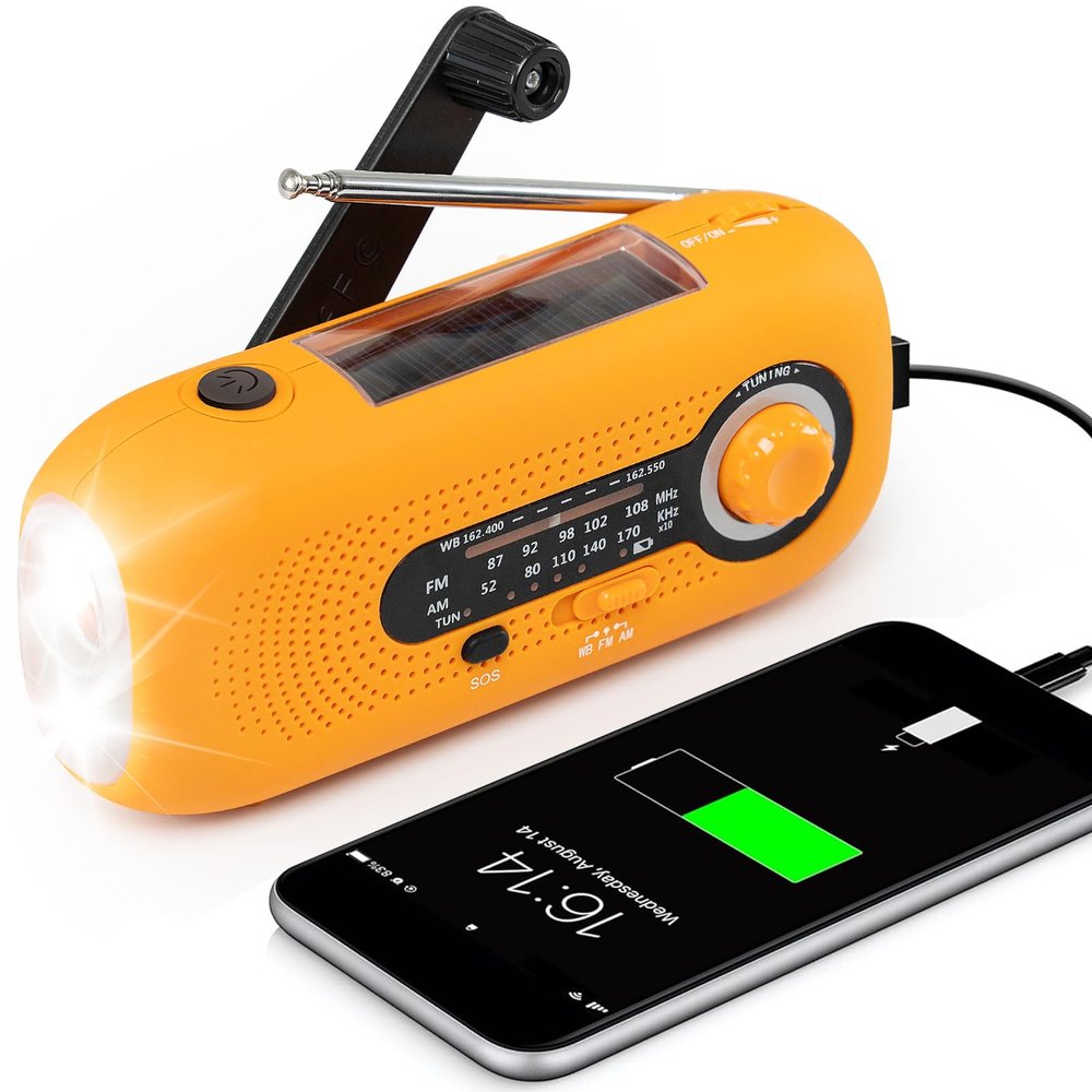 Solar Hand Crank Emergency Radio - 2000mAh Portable Weather Radio with AM/FM/NOAA, 3-Mode Flashlight, SOS Alarm & Cell Phone Charger for Outdoor & Home Use
