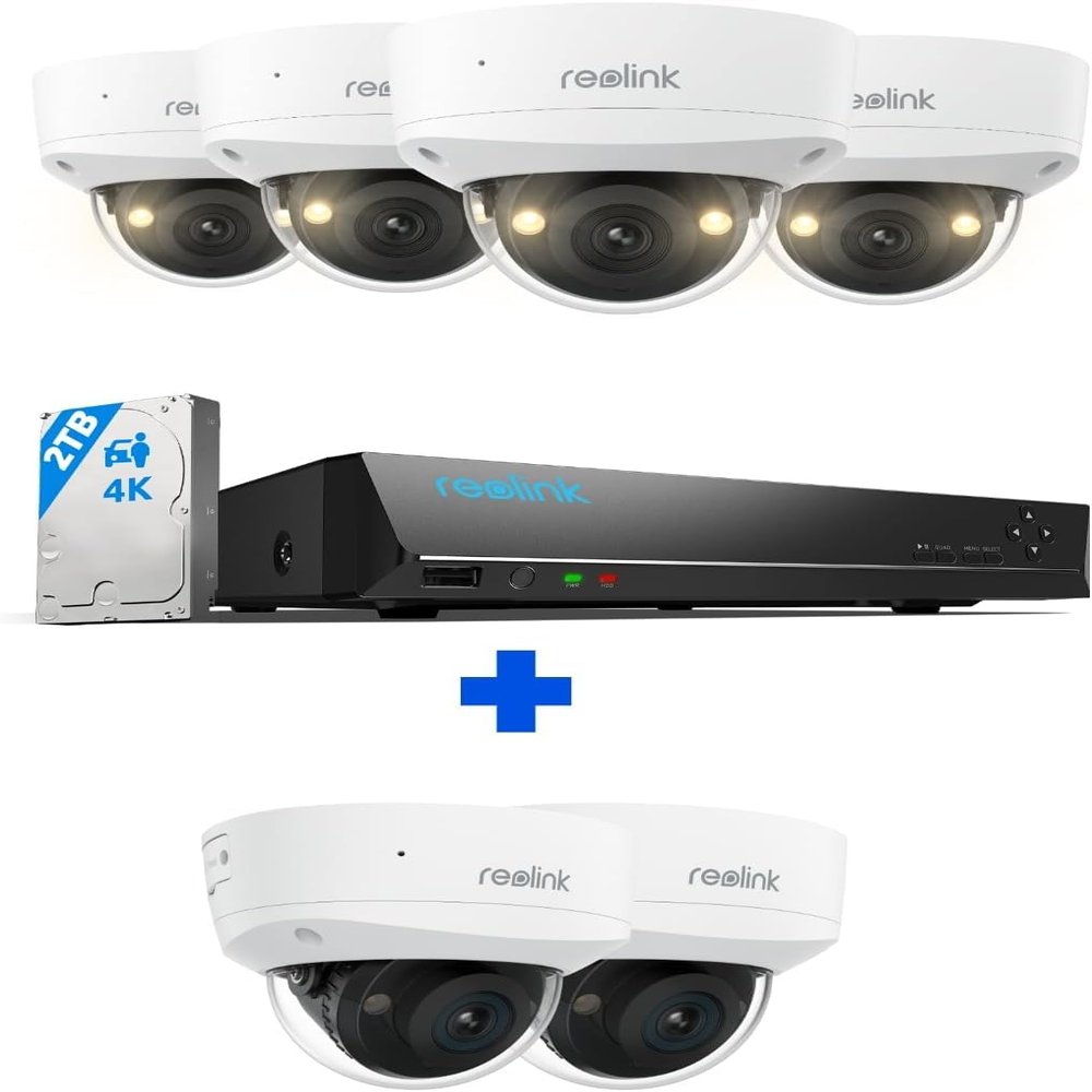 Reolink 4K Security Camera System, 4pcs 4K UHD IK10 Vandalproof PoE Surveillance Cams, 8CH NVR 2TB HDD, Color Night Vision, Smart Detection, 2-Way Audio, RLK8-800V4 with 2pcs RLC-1240A