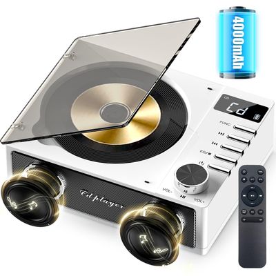 4000mAh Rechargeable CD Player with Bluetooth CD Player Wtih Dual Big Speakers,Retro CD Music Player with Remote Control, LCD Display, Support Opt/USB/TF Card/AUX/3.5mm Headphone Jack for Car Or Home