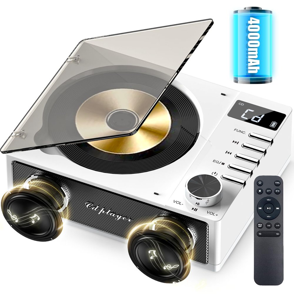 4000mAh Rechargeable CD Player with Bluetooth CD Player Wtih Dual Big Speakers,Retro CD Music Player with Remote Control, LCD Display, Support Opt/USB/TF Card/AUX/3.5mm Headphone Jack for Car Or Home