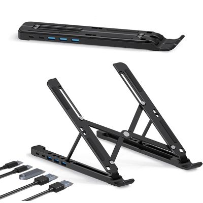 Adjustable Aluminum Laptop Stand with 5in1 Hub Docking StationPortable USB C Docking Station with 5Gbps USB3.0*3+USB C*2Laptop Holder stand for MacBook Pro/Air/Dell/HP/Surface/Lenovo HC