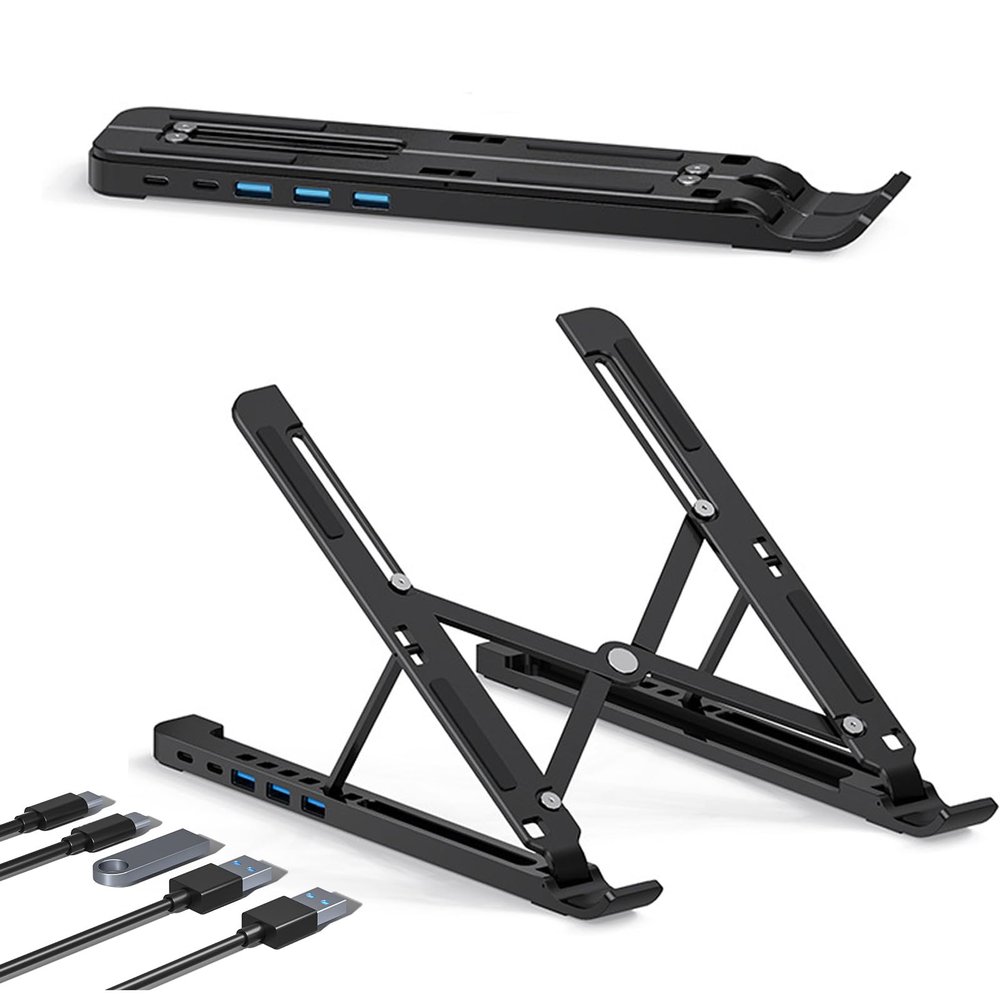 Adjustable Aluminum Laptop Stand with 5in1 Hub Docking StationPortable USB C Docking Station with 5Gbps USB3.0*3+USB C*2Laptop Holder stand for MacBook Pro/Air/Dell/HP/Surface/Lenovo HC