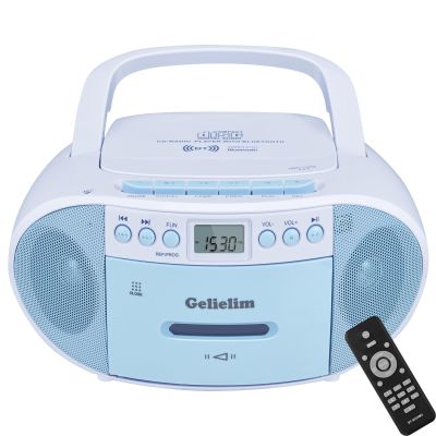 Gelielim Boombox CD and Cassette Player Combo, Boom Box Portable CD Players for Home with Bluetooth, AM FM Radio, Support Remote Control/AUX/USB/Earphone, LCD Display (Blue)